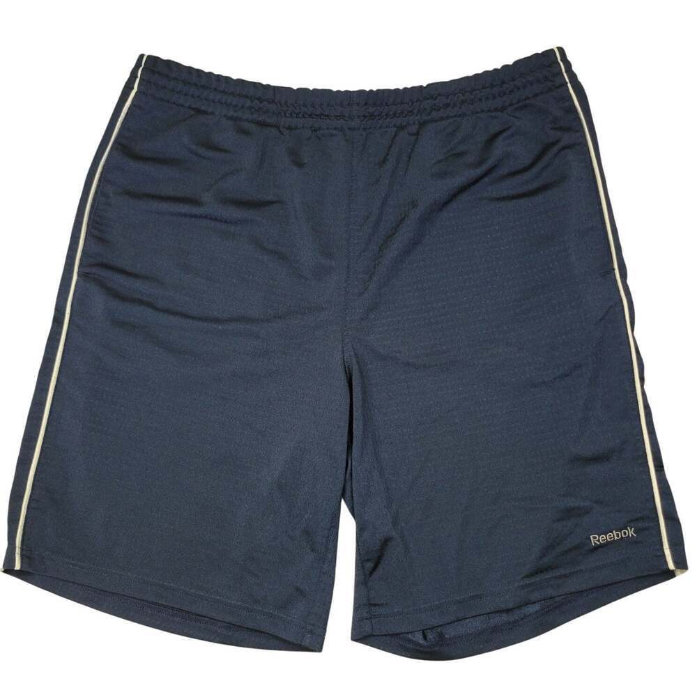 REEBOK Sport Shorts Blue White Gray Trim Drawstring Pockets 36" Waist 9" Inseam